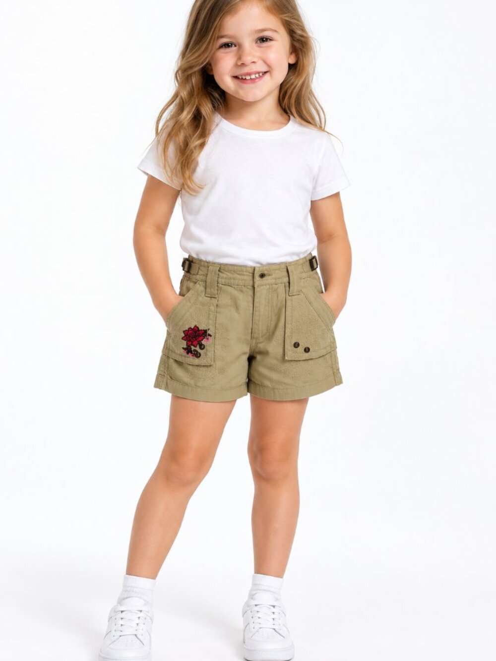 GUESS Jeans Girls’ Khaki Embroidered Cargo Shorts Size 6X New